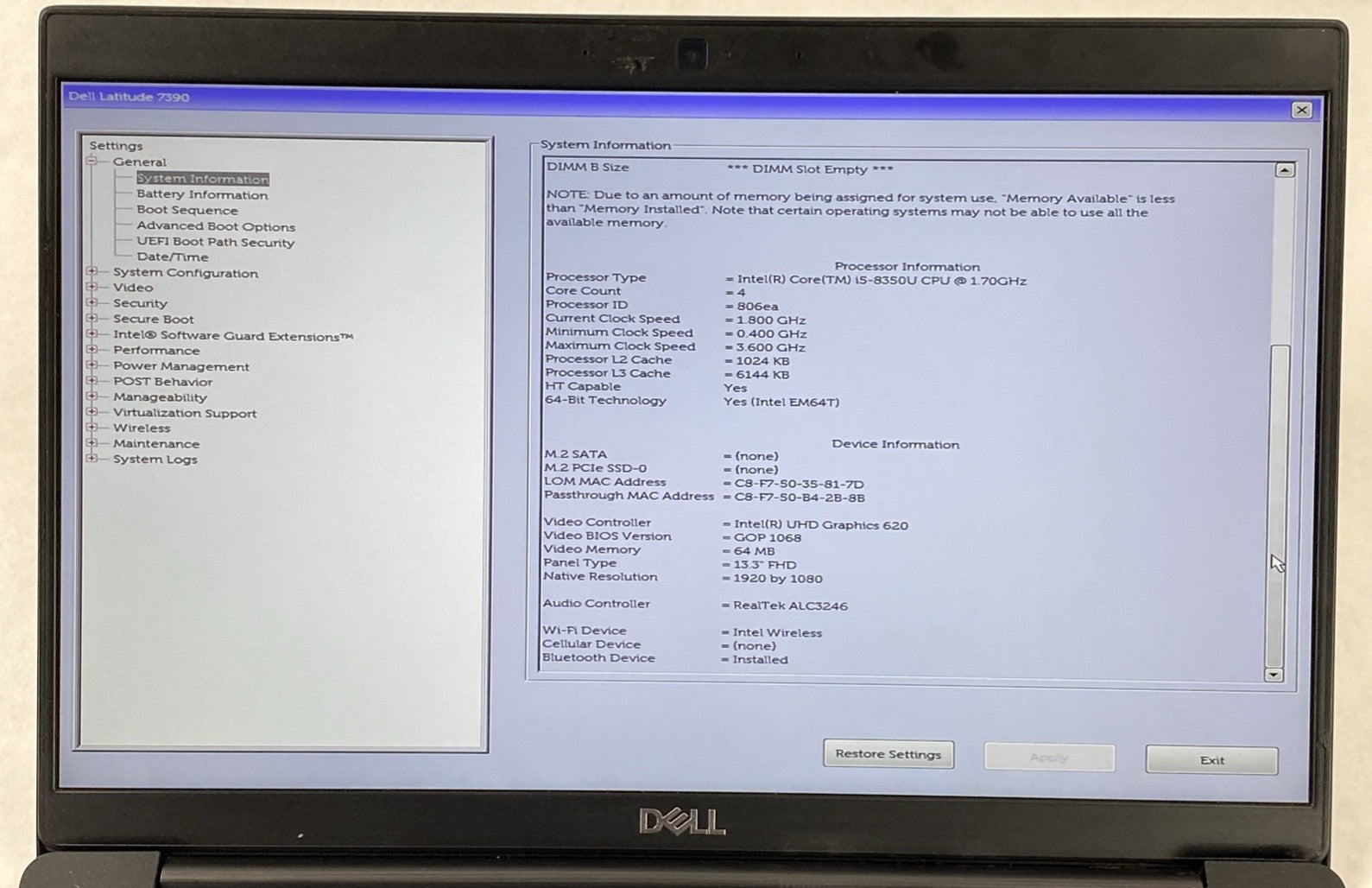 Dell Latitude 7390 2 in 1 i5-8350U 1.70 GHz 8 GB RAM 13.3" No HDD No OS