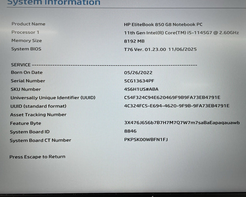 HP EliteBook 850 G8 15.6" i5-1145G7 2.60 GHz 8 GB RAM No SSD/OS/AC - Bad USB