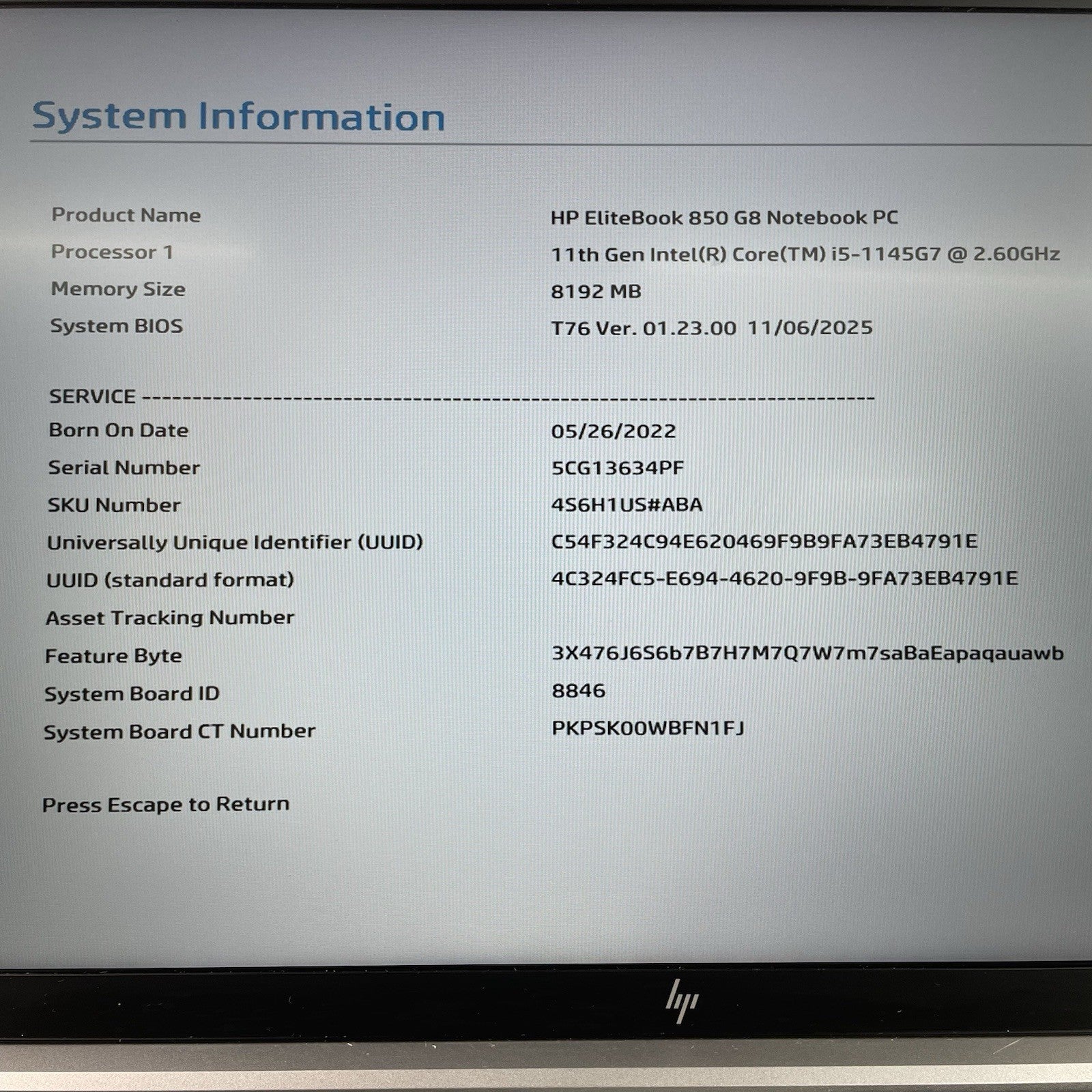 HP EliteBook 850 G8 15.6" i5-1145G7 2.60 GHz 8 GB RAM No SSD/OS/AC - Bad USB2