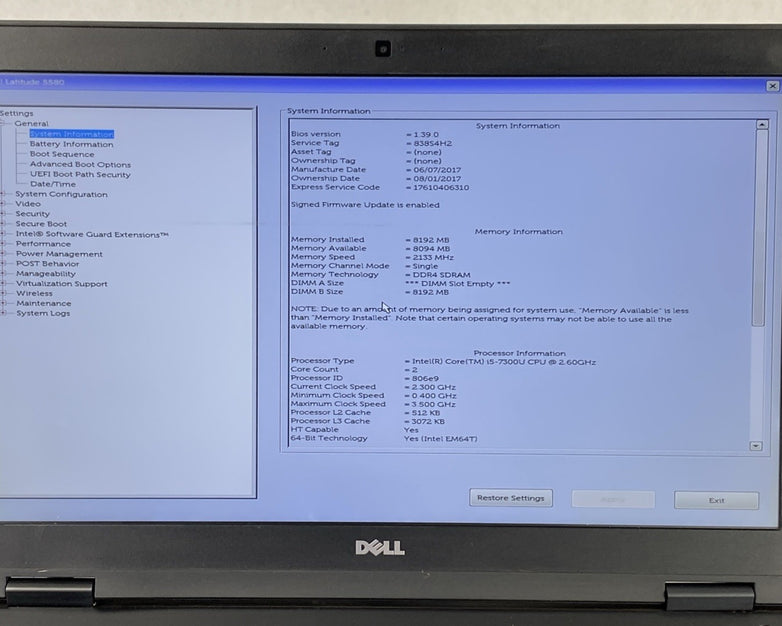 Dell Latitude 5580 Intel Core i5-7300U 2.6GHz 8GB RAM 15.6" No HDD No OS