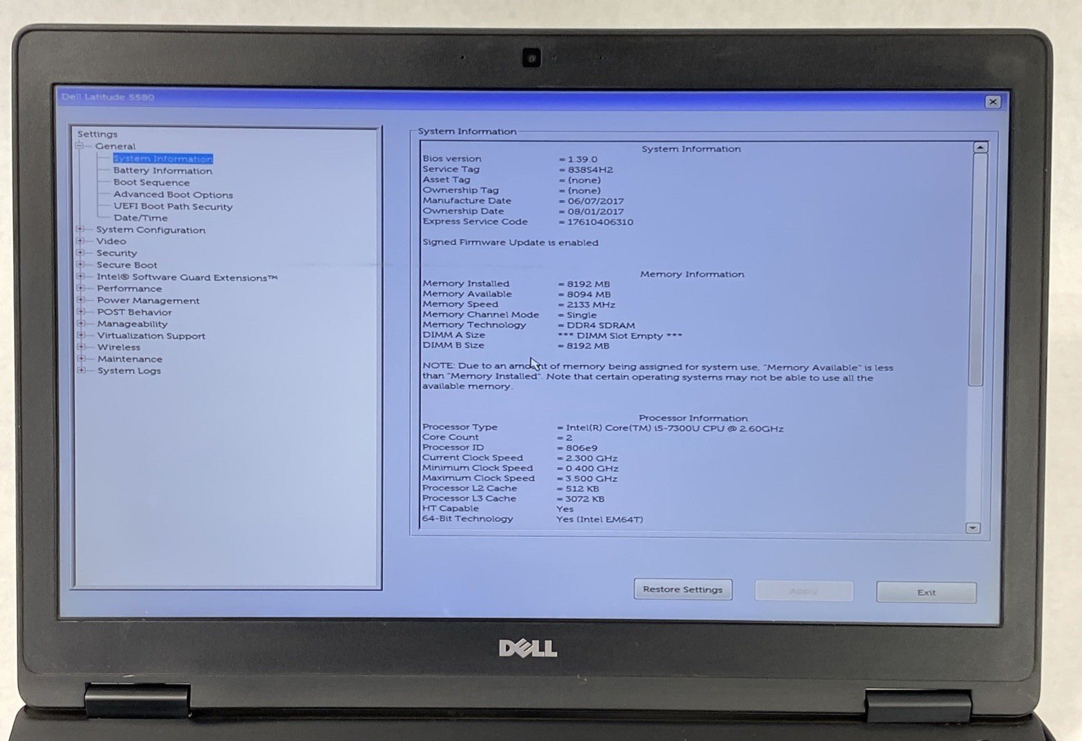 Dell Latitude 5580 Intel Core i5-7300U 2.6GHz 8GB RAM 15.6" No HDD No OS