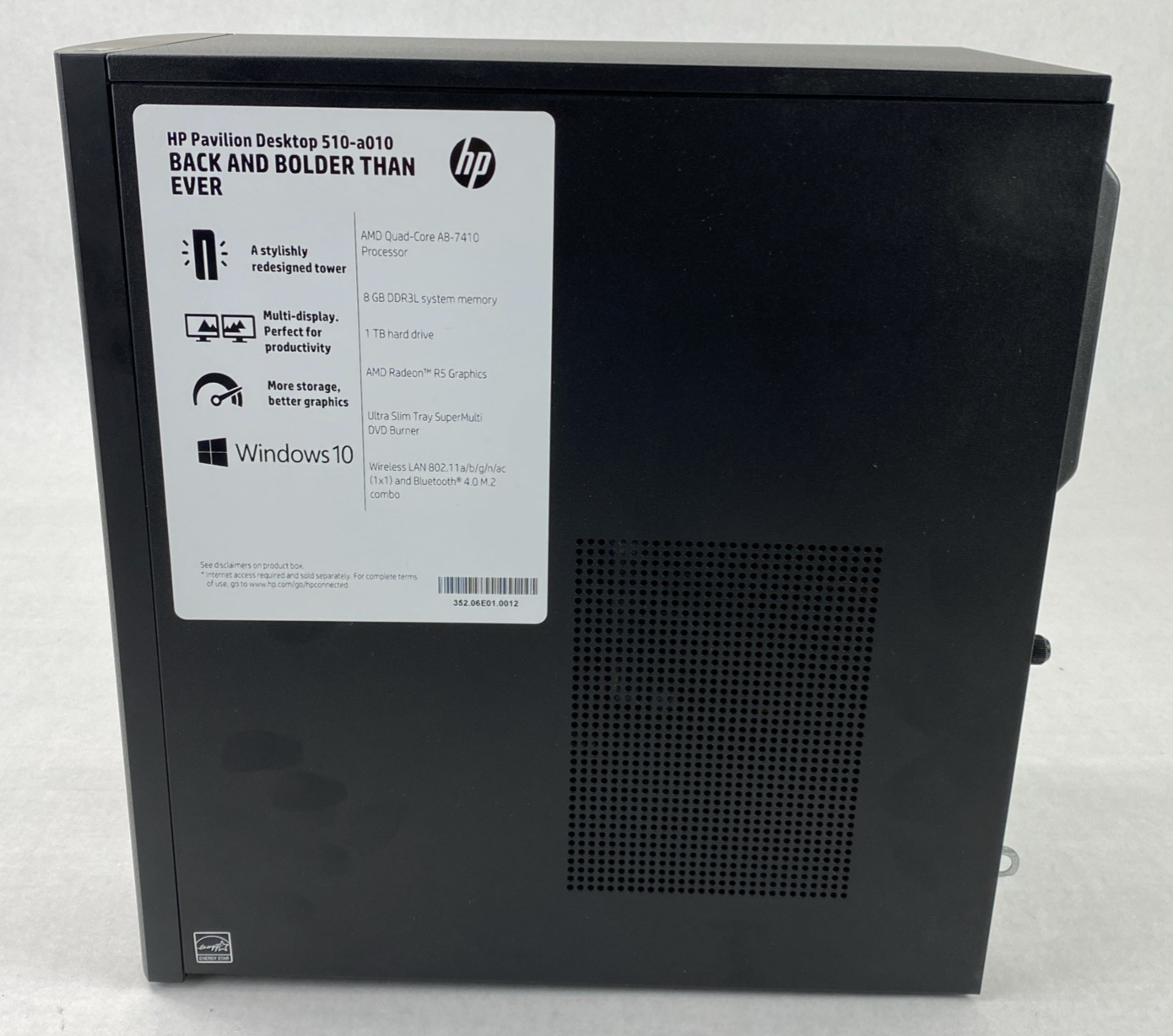 HP Pavilion 510-a010 MT AMD A8-7410 2.20GHz 8GB RAM No HDD No OS No Power Cord