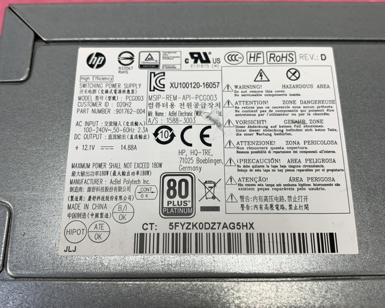 HP PCG003 80 Plus Platinum 180W Switching Power Supply 901762-004