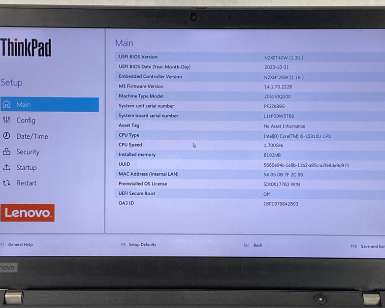 Lenovo ThinkPad T14 Gen 1 Core i5-10310U 1.70 GHz 8 GB RAM 14.0" No SSD No OS
