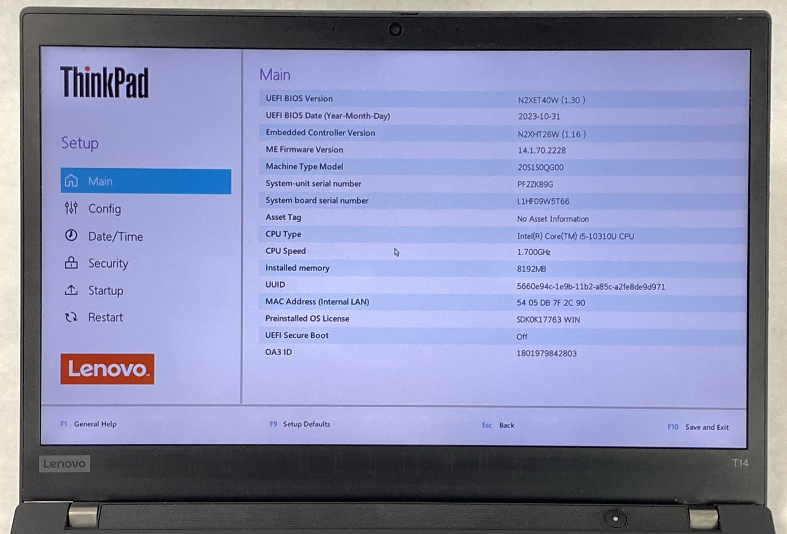 Lenovo ThinkPad T14 Gen 1 Core i5-10310U 1.70 GHz 8 GB RAM 14.0" No SSD No OS