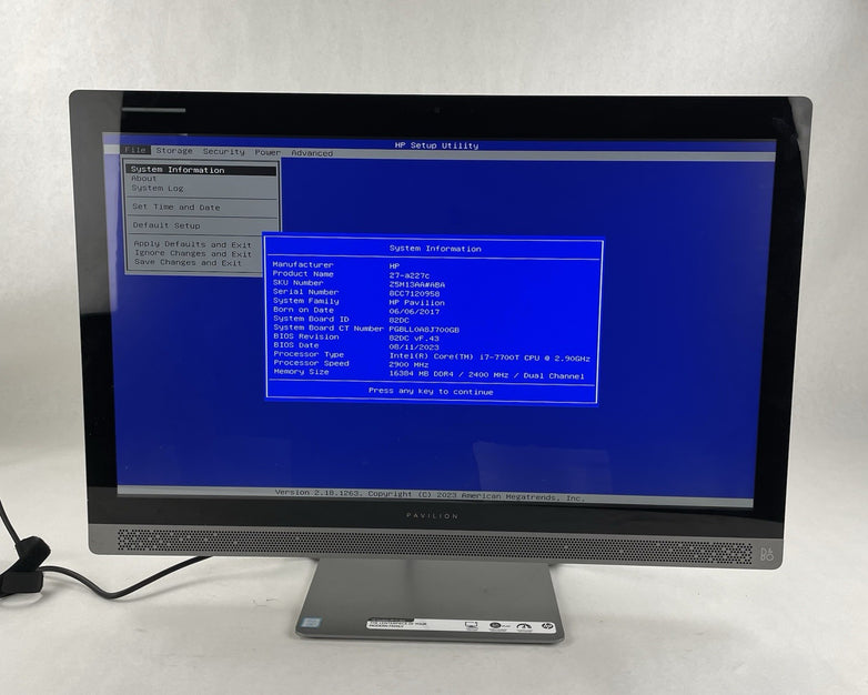 HP Pavilion PC 27-a227c Intel Core i7-7700+ 2.9 GHz 16 GB Ram No HDD No OS
