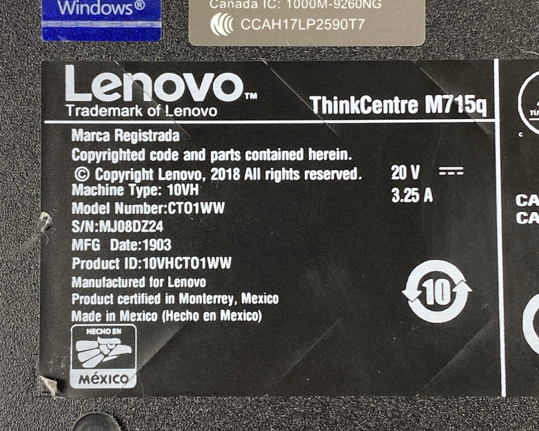 Lenovo ThinkCentre M715q Micro Ryzen 5 Pro 2400GE 3.2GHz 1x8GB RAM No HDD/OS/AC