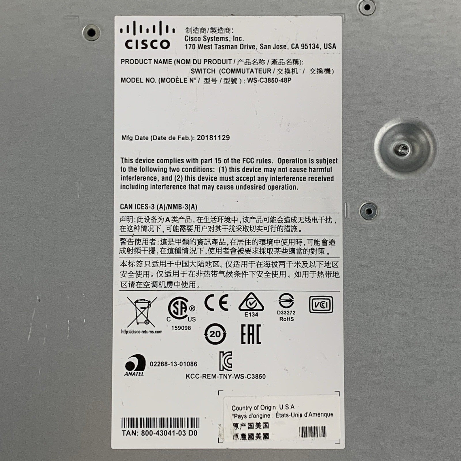 Cisco WS-C3850-48PW-S V07 PoE+ 48-Port Network Switch Tested w/ C3850-NM-4-1G11