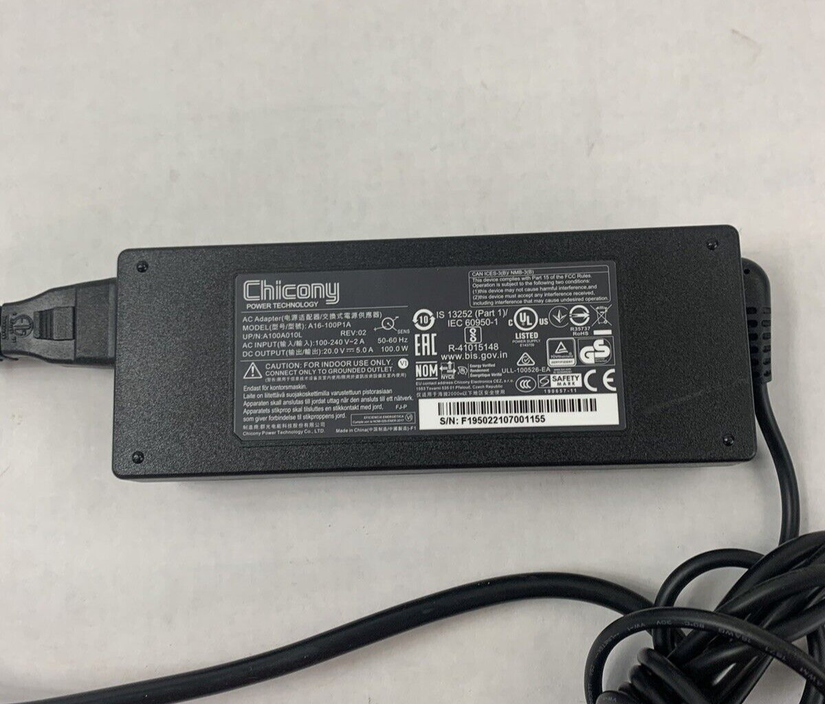Chicony A16-100P1A Laptop AC Adapter 20V 5A 100W