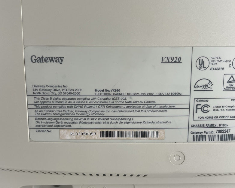 Gateway VX920 Diamondtron NF 17" Flatscreen CRT Monitor 1600x1200 85Hz