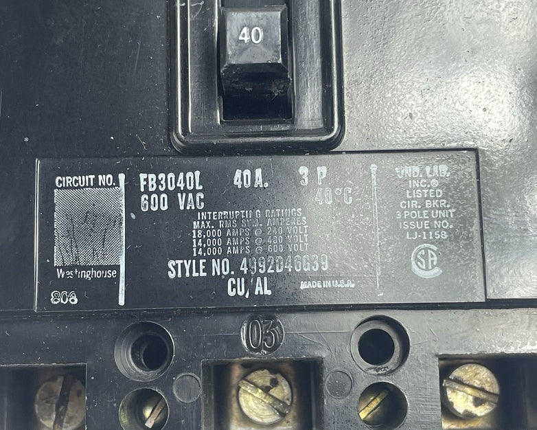 Westinghouse Circuit Breaker FB3040L 3-Pole 40A 600VAC Untested