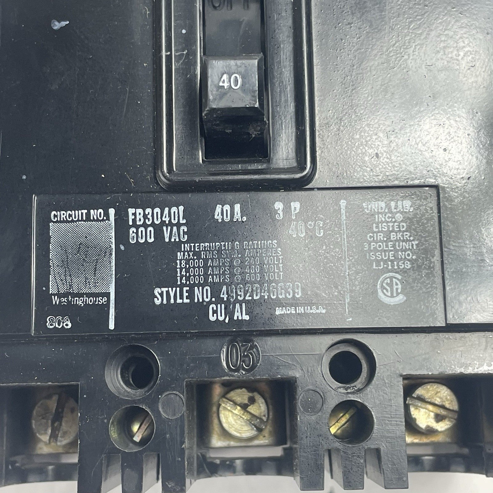 Westinghouse Circuit Breaker FB3040L 3-Pole 40A 600VAC Untested2