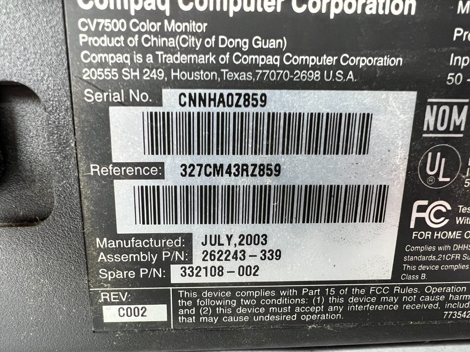 HP Compaq CV7500 17" Color Monitor 262243-339 1024x768 @85Hz NO STAND