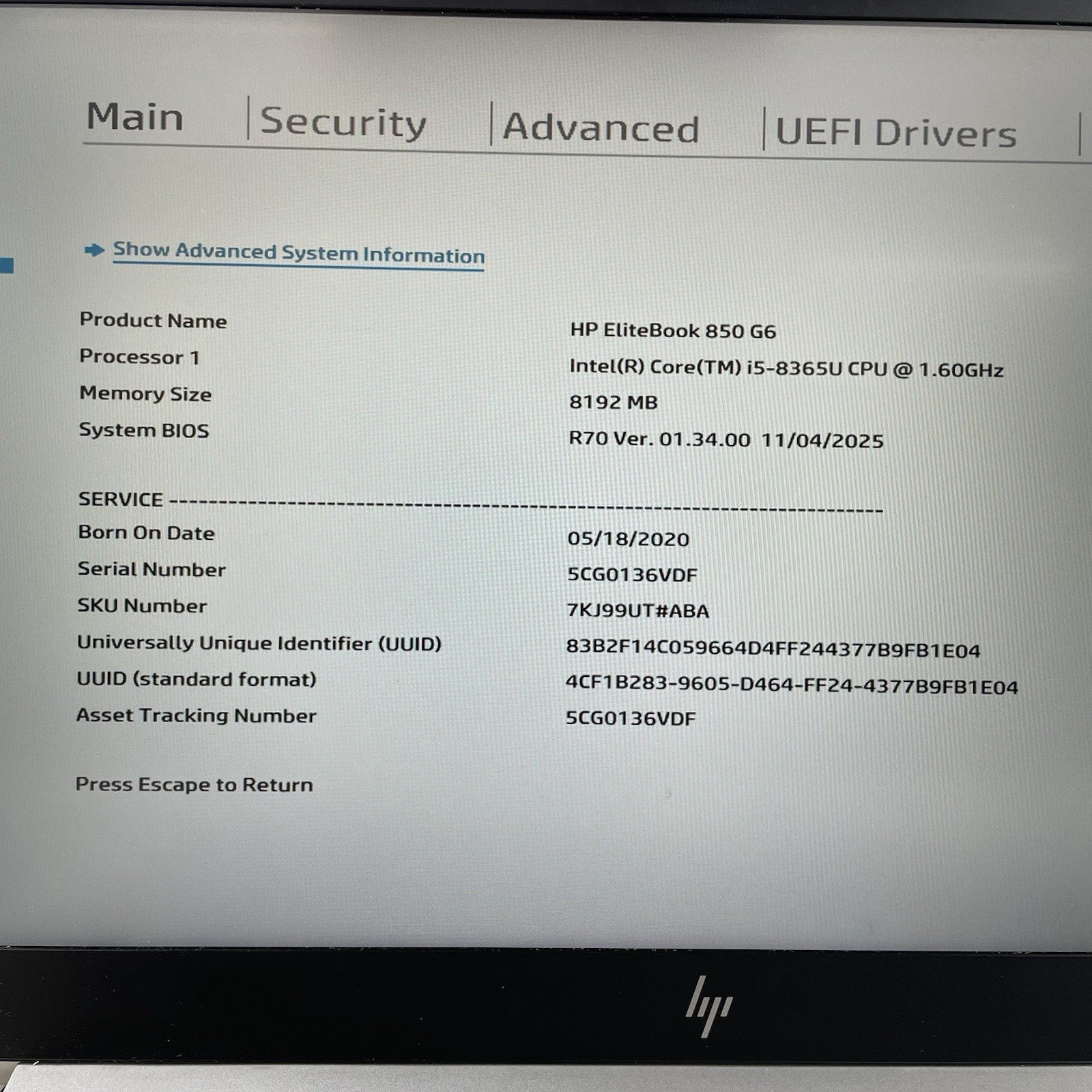 HP EliteBook 850 G6 15.6" i5-8365U 1.60 GHz 8 GB RAM No SSD/OS/AC/Batt - READ2
