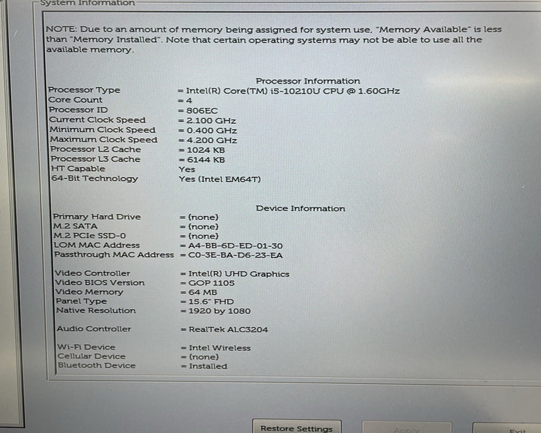 Dell Latitude 5510 15.6" i5-10210U 1.60 GHz 8 GB RAM No SSD/OS/AC/Batt