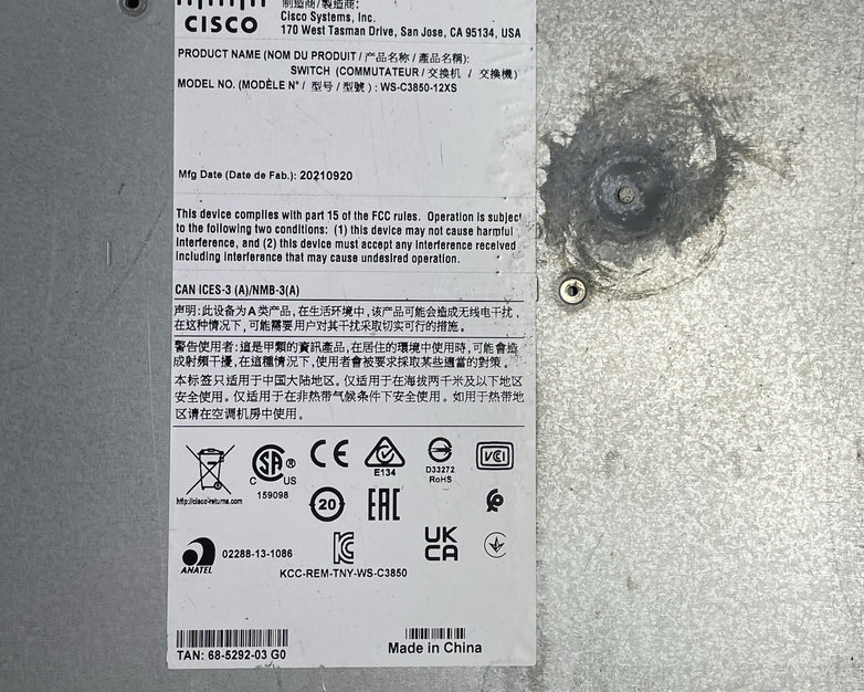 Cisco Catalyst C3850-12XS-S V03 12 Port 10GB SFP+ Fiber Tested & Reset