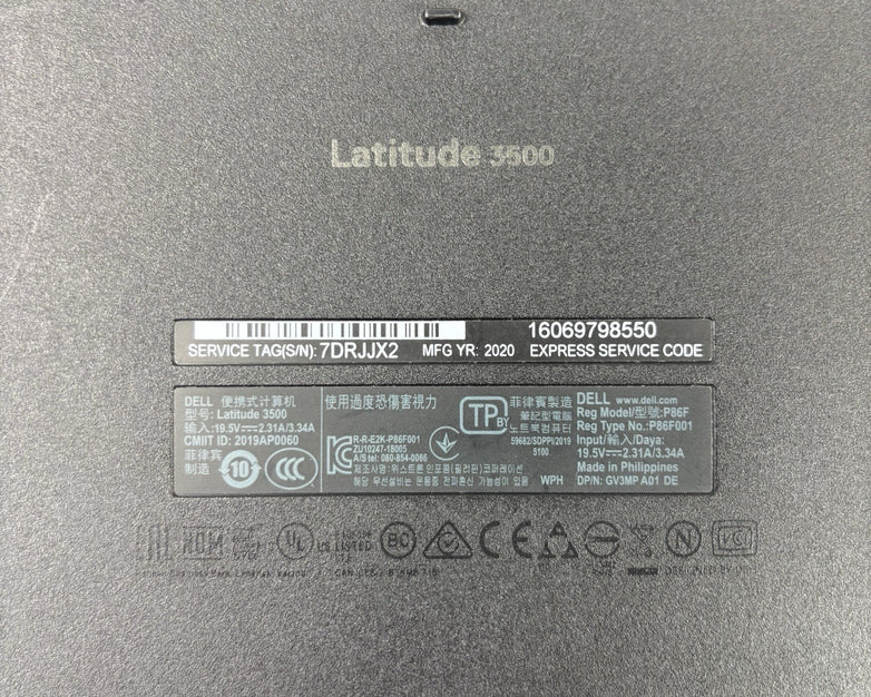Dell Latitude 3500 15.6" Laptop i5-8265U 1.6 GHz 8 GB Ram No OS No HDD No AC