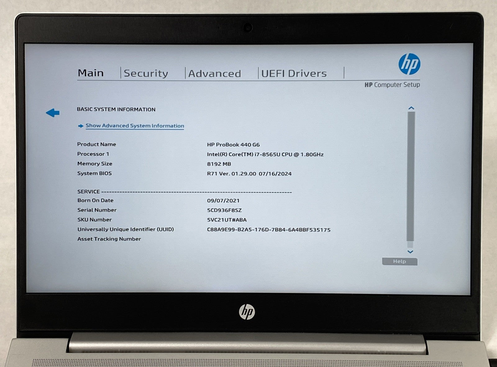 HP ProBook 440 G6 Intel Core i7-8565U 1.80 GHz 8 GB RAM 14.0" No HDD No OS