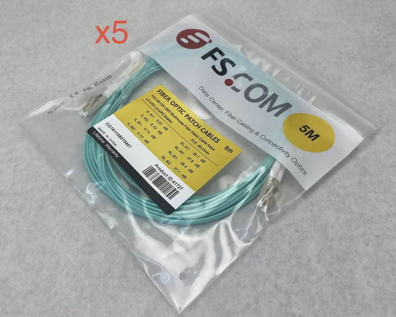 FS.Com Fibre Optic Patch Cable 10G 50/125 OM3 Multimode Color Aqua 5M - Lot Of 5