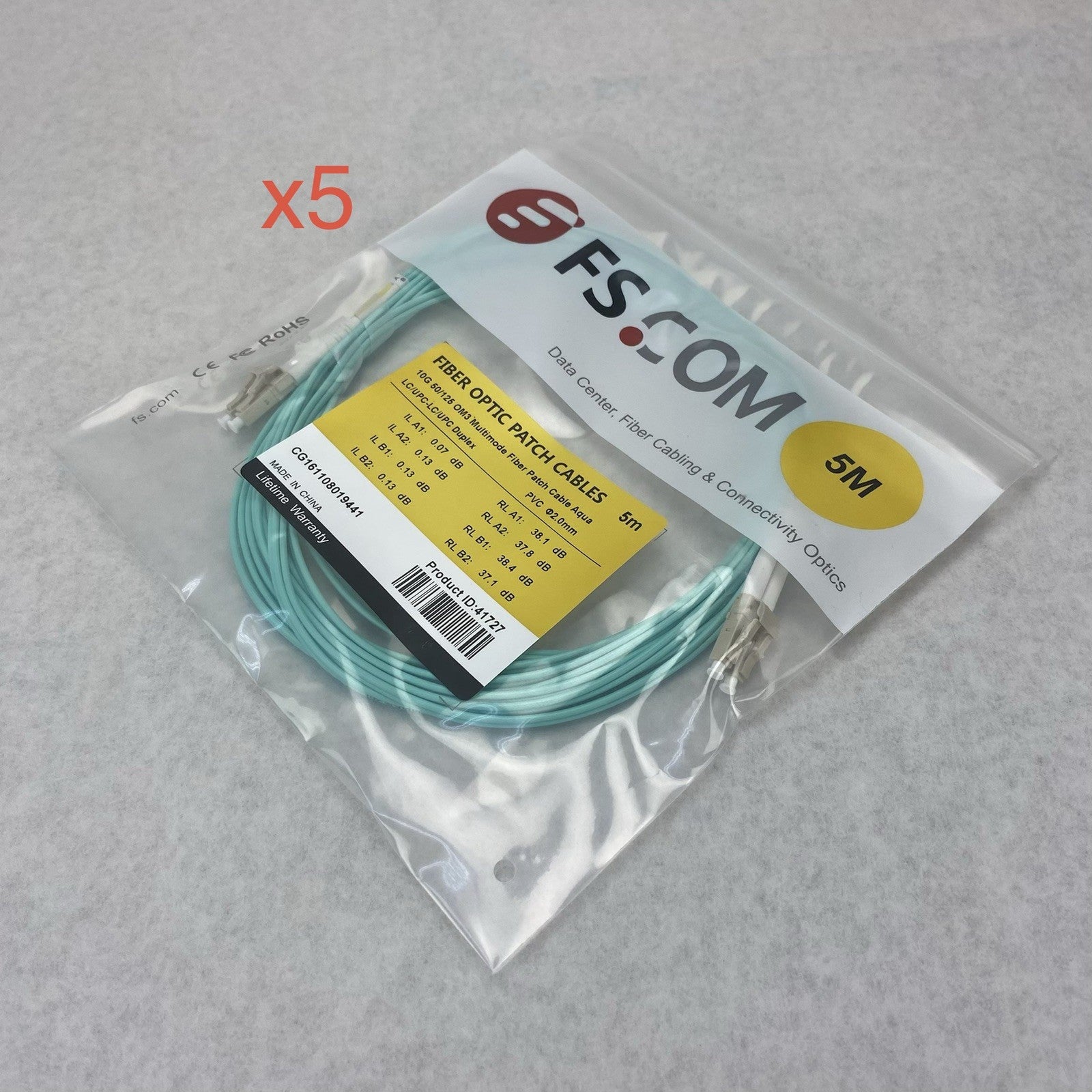 FS.Com Fibre Optic Patch Cable 10G 50/125 OM3 Multimode Color Aqua 5M - Lot Of 50