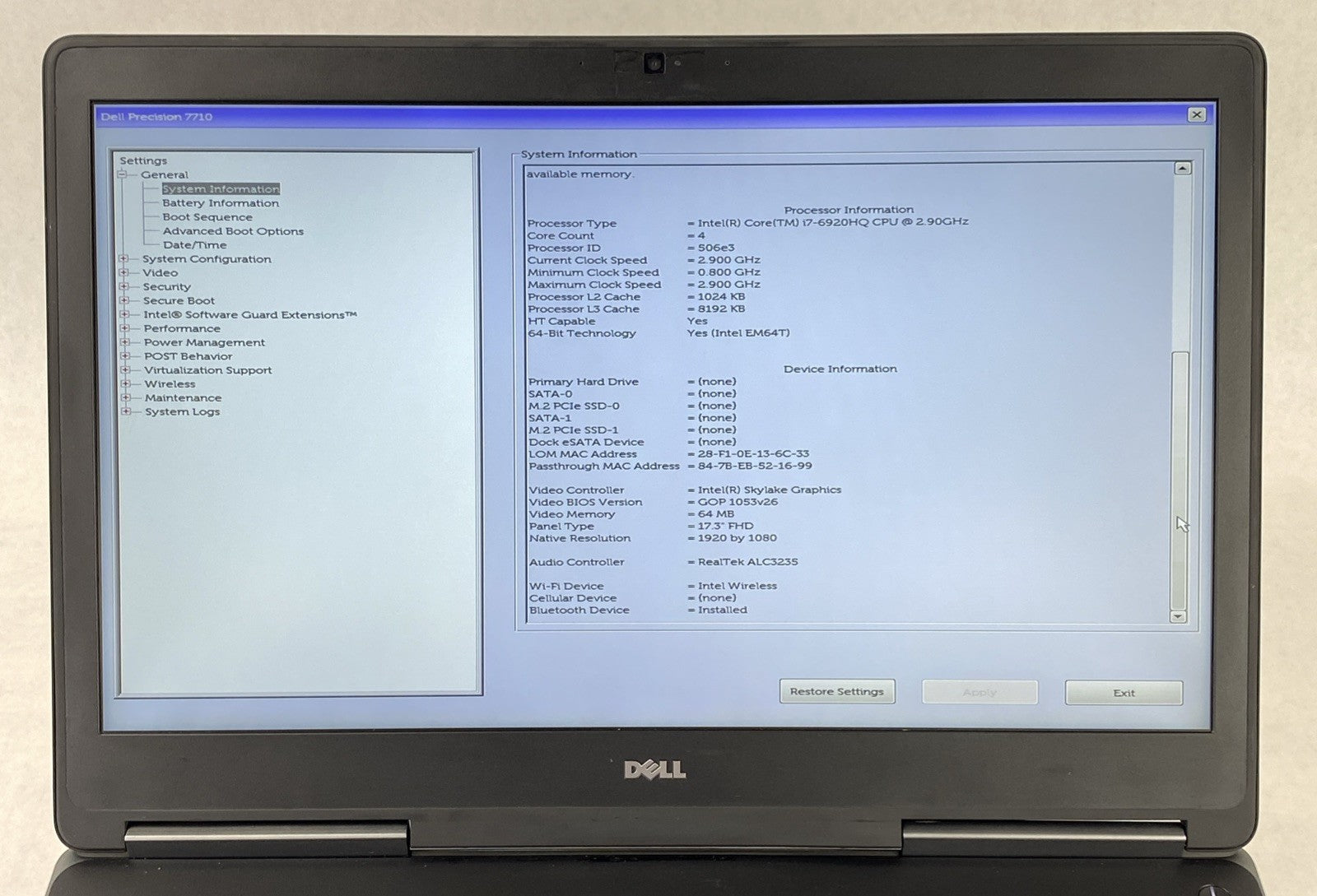 Dell Precision 7710 Intel Core i7-6920HQ 2.9GHz 16GB RAM 17.3" No HDD No OS