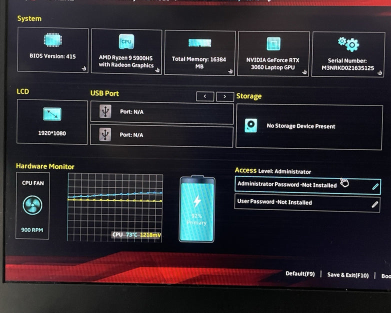 ASUS ROG GA401Q 14" Ryzen 9 5900HS 3.30GHz 16GB RAM RTX 3060 No SSD/OS/AC - CMOS