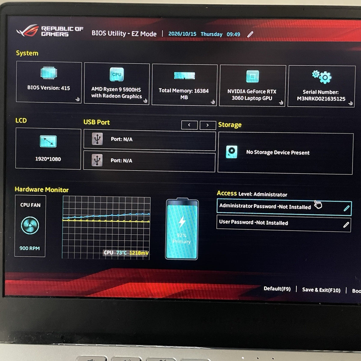 ASUS ROG GA401Q 14" Ryzen 9 5900HS 3.30GHz 16GB RAM RTX 3060 No SSD/OS/AC - CMOS3