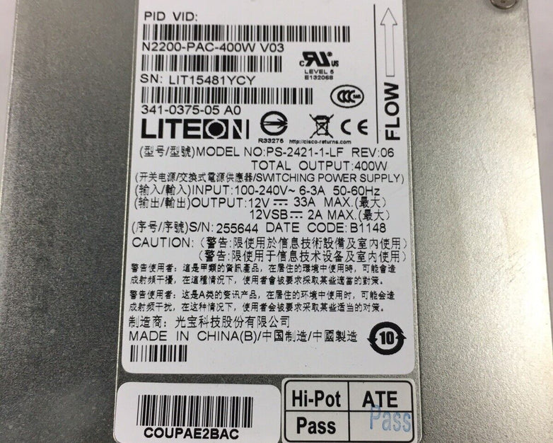 Lot of 2 Liteon PS-2421-1-LF 400W 6.0A 240V 60Hz  Power Supply Tested For Cisco