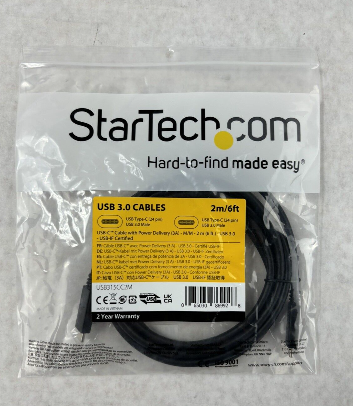 New StarTech USB315CC2M Black USB-C Cable with Power Delivery USB 3.0