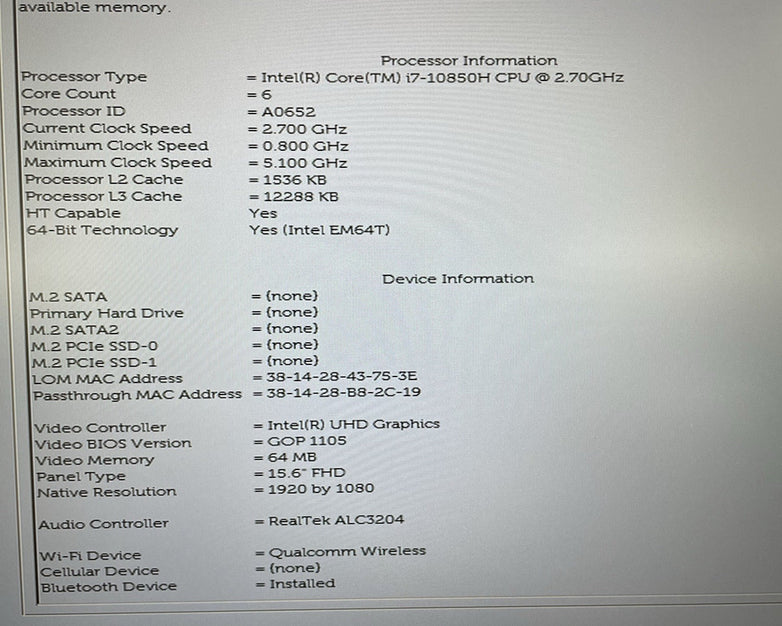Dell Precision 3551 15.6" i7-10850H 2.70 GHz 16 GB RAM No SSD/OS/AC - READ
