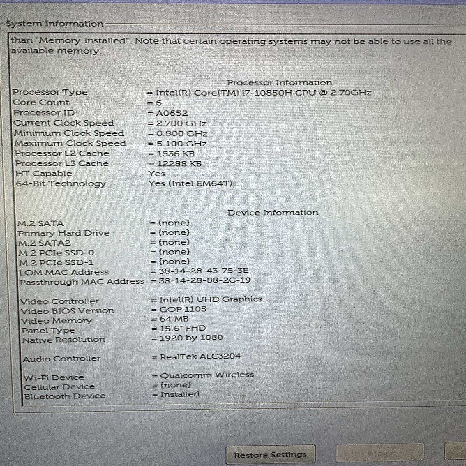 Dell Precision 3551 15.6" i7-10850H 2.70 GHz 16 GB RAM No SSD/OS/AC - READ3