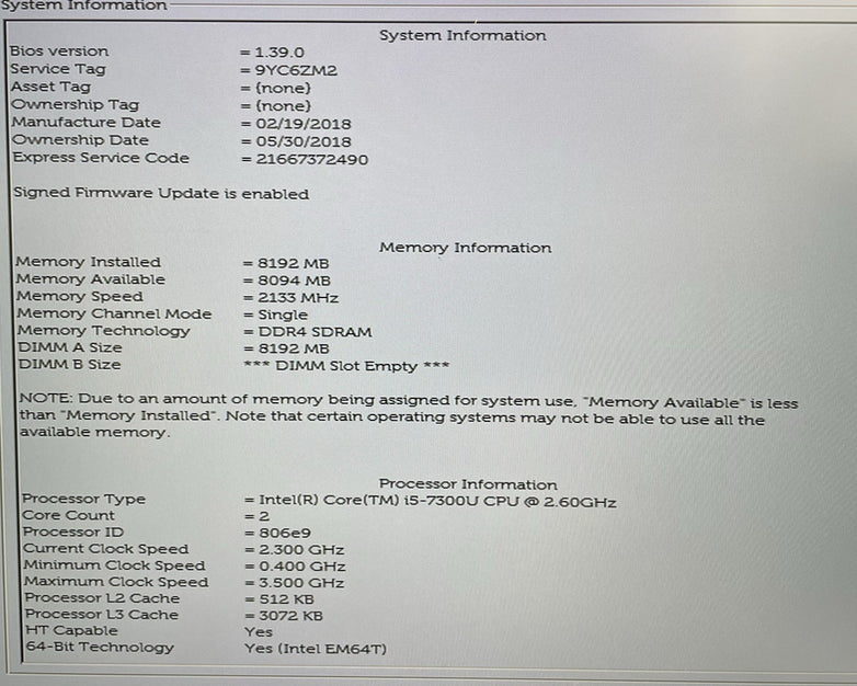 Dell Latitude 5580 15.6" i5-7300U 2.60 GHz 8 GB RAM No SSD/OS/AC
