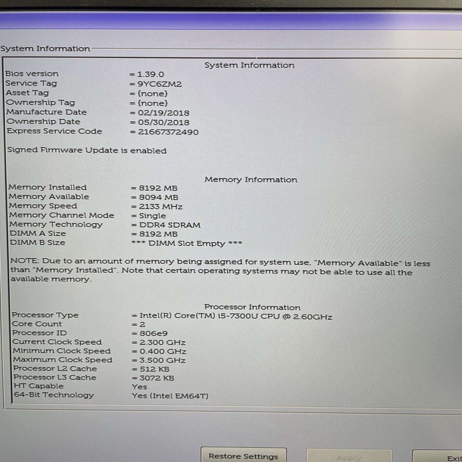 Dell Latitude 5580 15.6" i5-7300U 2.60 GHz 8 GB RAM No SSD/OS/AC2