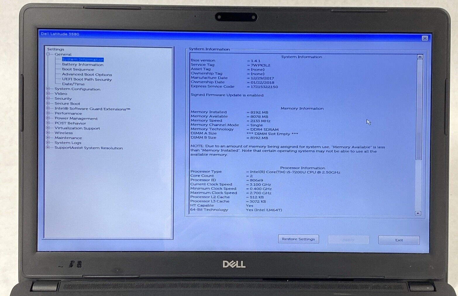 Dell Latitude 3580 Touch Core i5-7200U 2.50GHz 8GB RAM 15.6" No HDD No OS No OS