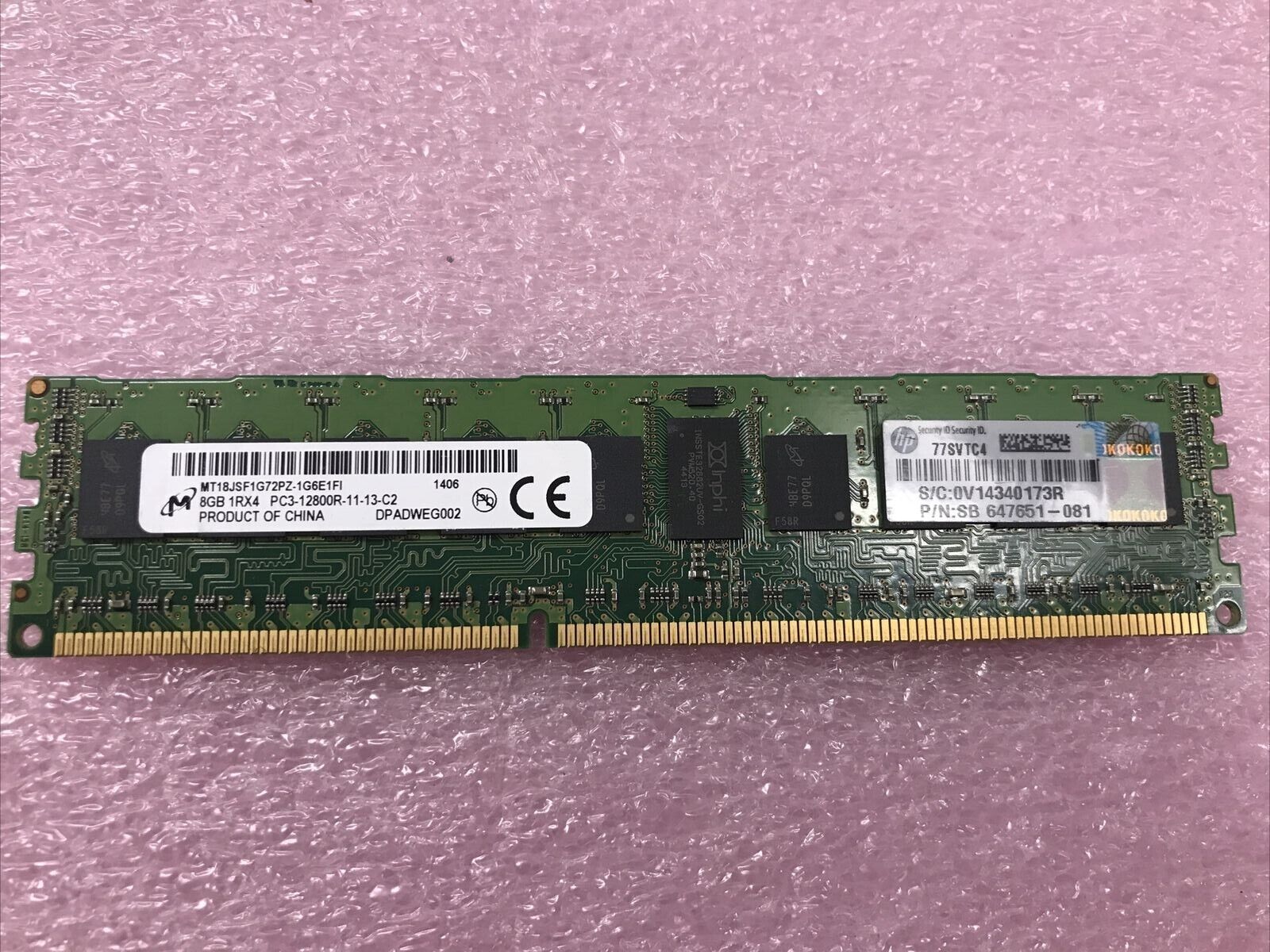 Micron 16GB Kit 2x8GB 1Rx4 PC3-1280R-11-13-C2 Ram MT18JSF1G72PZ-1G6E1FI Lot of 2