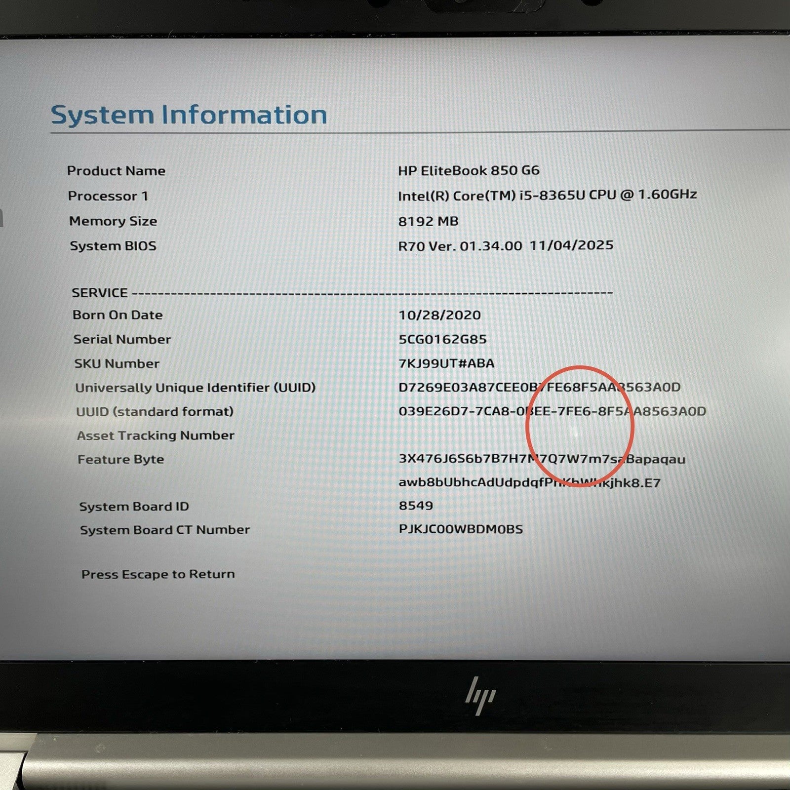 HP EliteBook 850 G6 15.6" i5-8365U 1.60 GHz 8 GB RAM No SSD/OS/AC - Heat Spot3