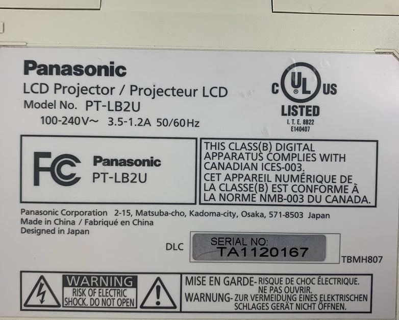 Panasonic PT-LB2U LCD Projector 1310 Lamp Hours - Remote Included
