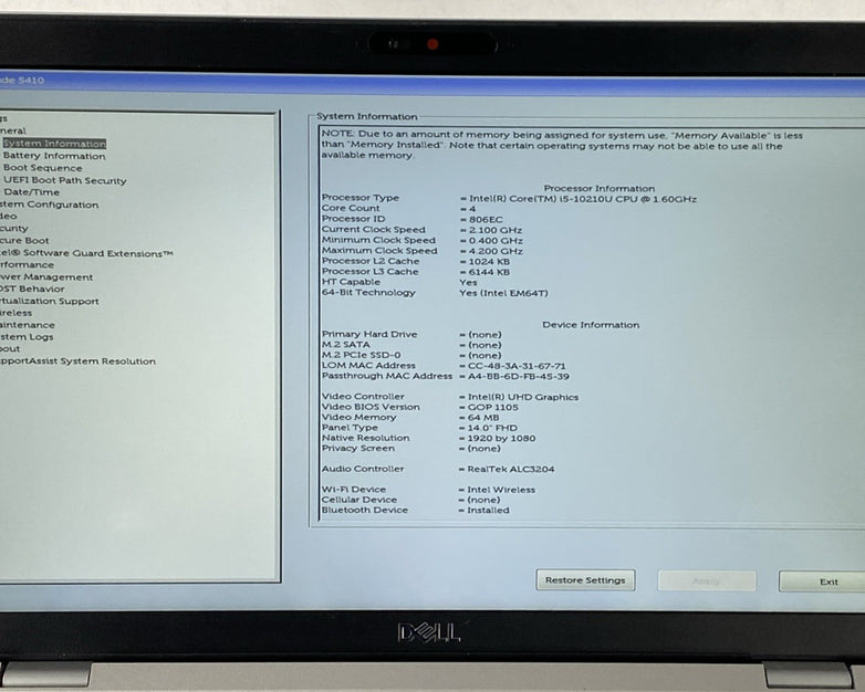 Dell Latitude 5410 Intel Core i5-10210U 1.60 GHz 8 GB RAM 14.0" No HDD No OS