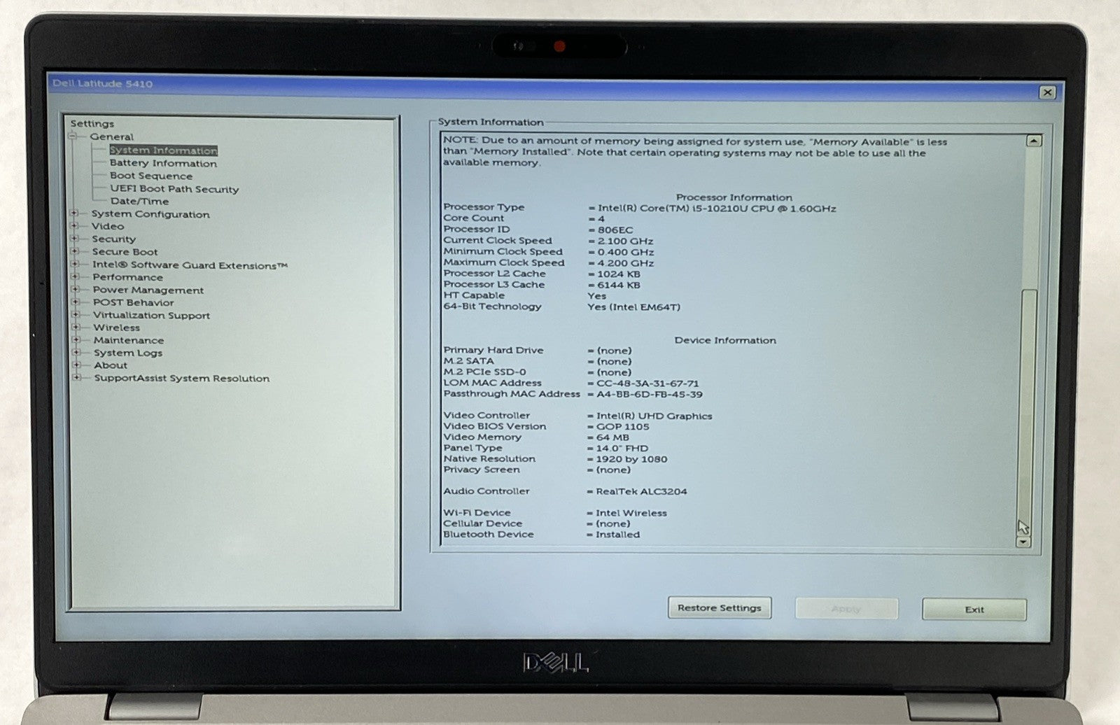 Dell Latitude 5410 Intel Core i5-10210U 1.60 GHz 8 GB RAM 14.0" No HDD No OS