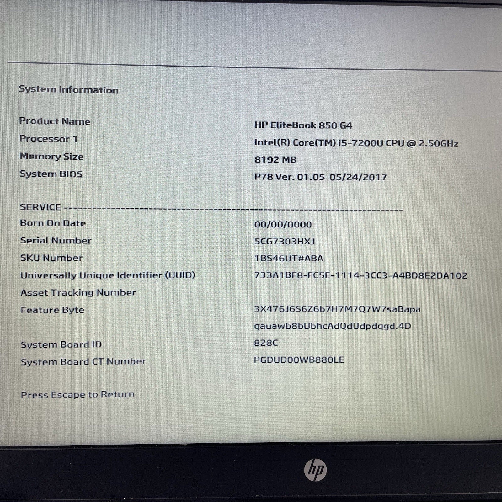 HP EliteBook 850 G4 15.6" i5-7200U 2.50 GHz 8 GB RAM No SSD/OS/AC/Battery2