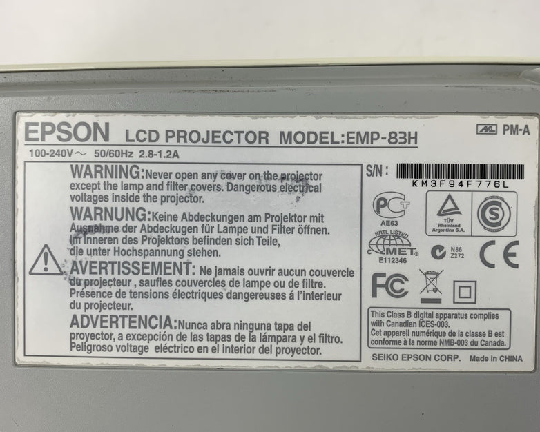 Epson PowerLite 83+ EMP-83H LCD Projector - No Remote - 642 Lamp Hours