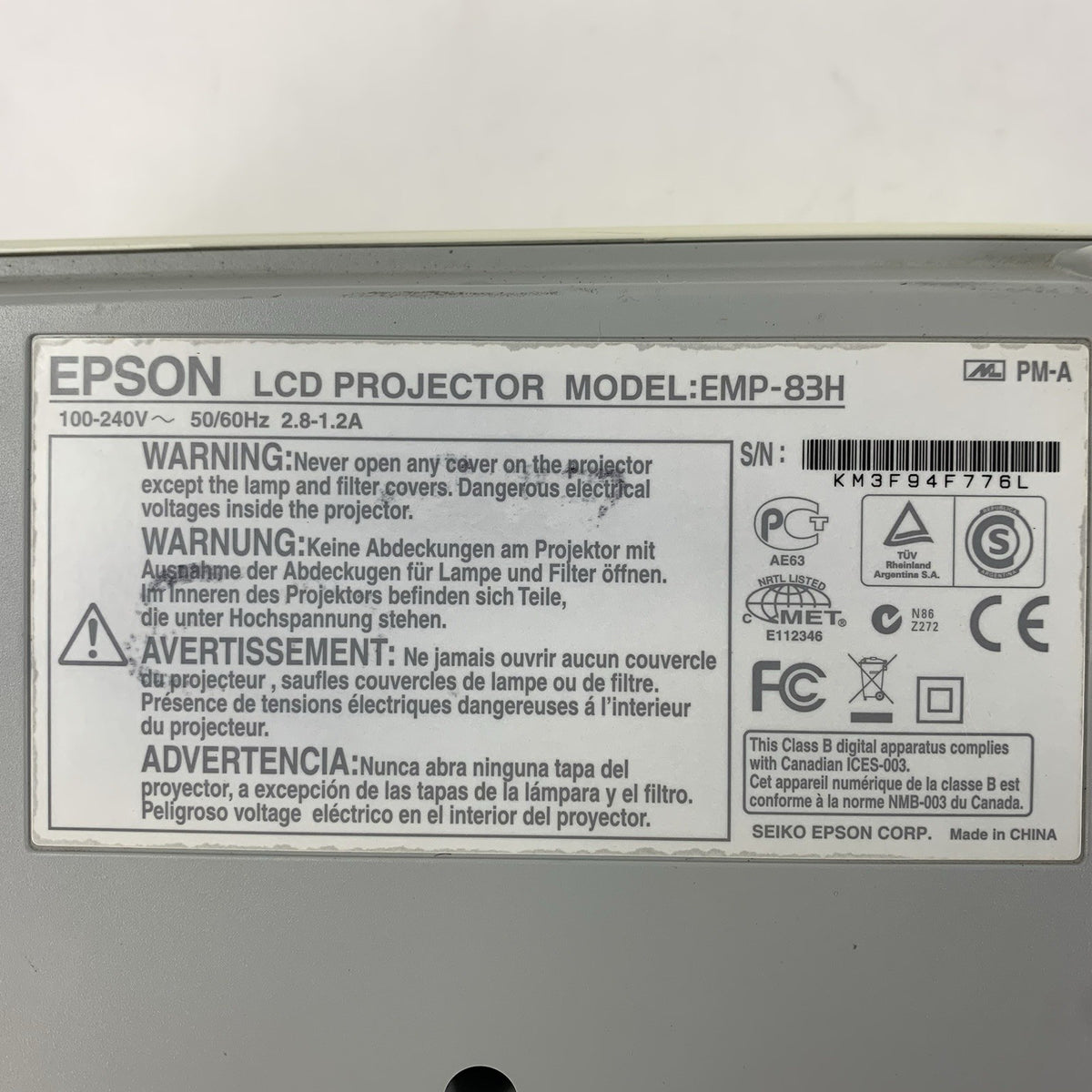 Epson PowerLite 83+ EMP-83H LCD Projector - No Remote - 642 Lamp Hours9