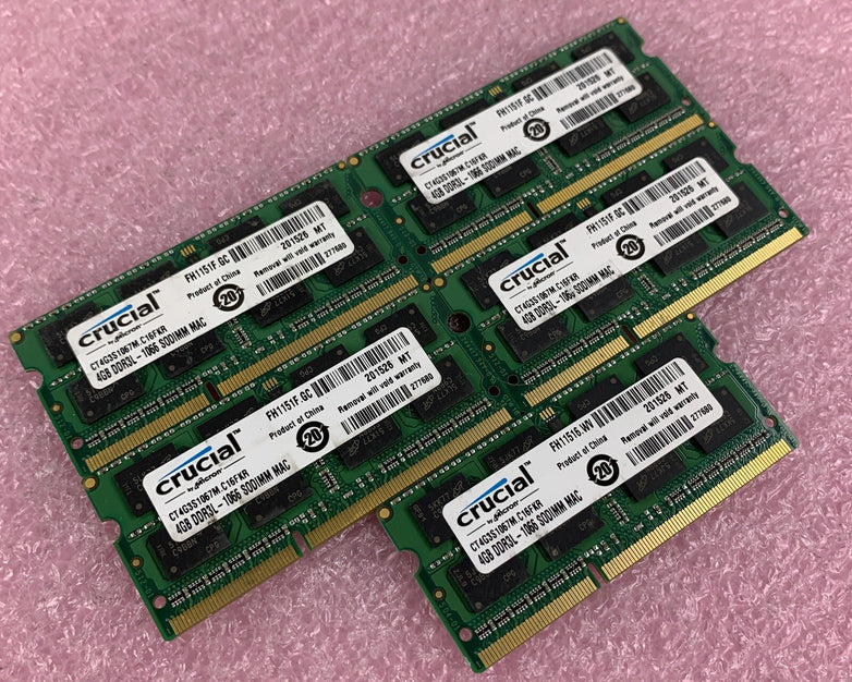Crucial CT4G3S1067M.C16FKR 4 GB DDR3-1066 PC3-8500S 2Rx8 Laptop Lot of 5x