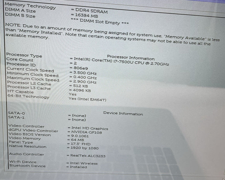 Dell Inspiron 17-7779 17.3" i7-7500U 2.70 GHz 16GB RAM NVIDIA GF108 No SSD/OS/AC