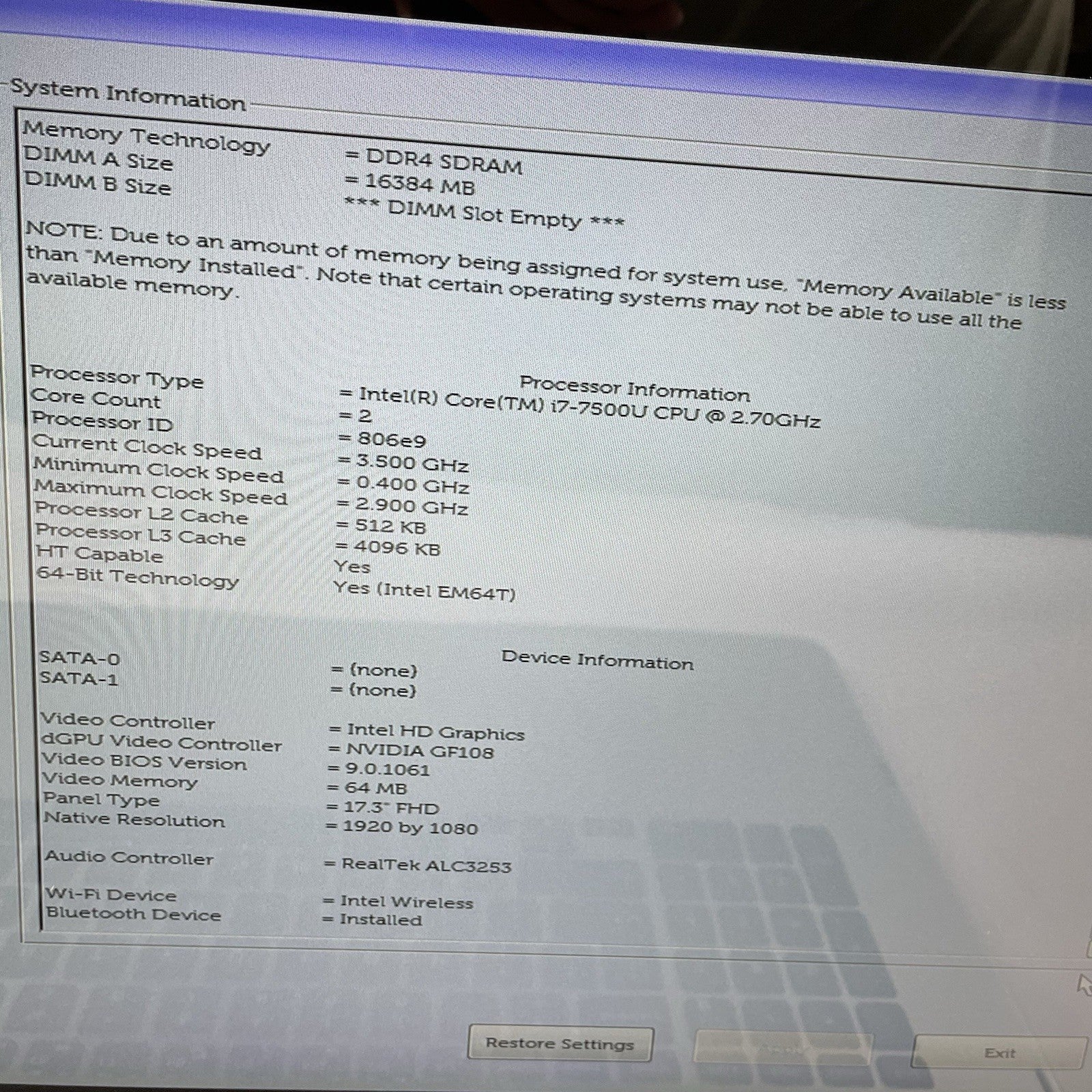 Dell Inspiron 17-7779 17.3" i7-7500U 2.70 GHz 16GB RAM NVIDIA GF108 No SSD/OS/AC3