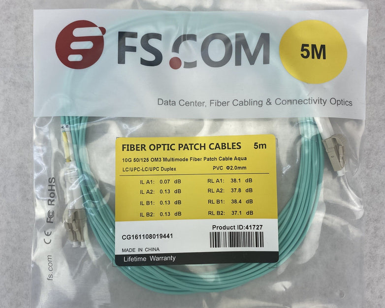 FS.Com Fibre Optic Patch Cable 10G 50/125 OM3 Multimode Color Aqua 5M - Lot Of 5