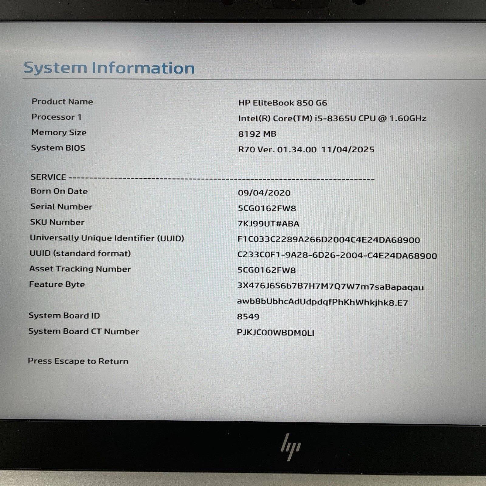 HP EliteBook 850 G6 15.6" i5-8365U 1.60 GHz 8 GB RAM No SSD/OS/AC/Batt2