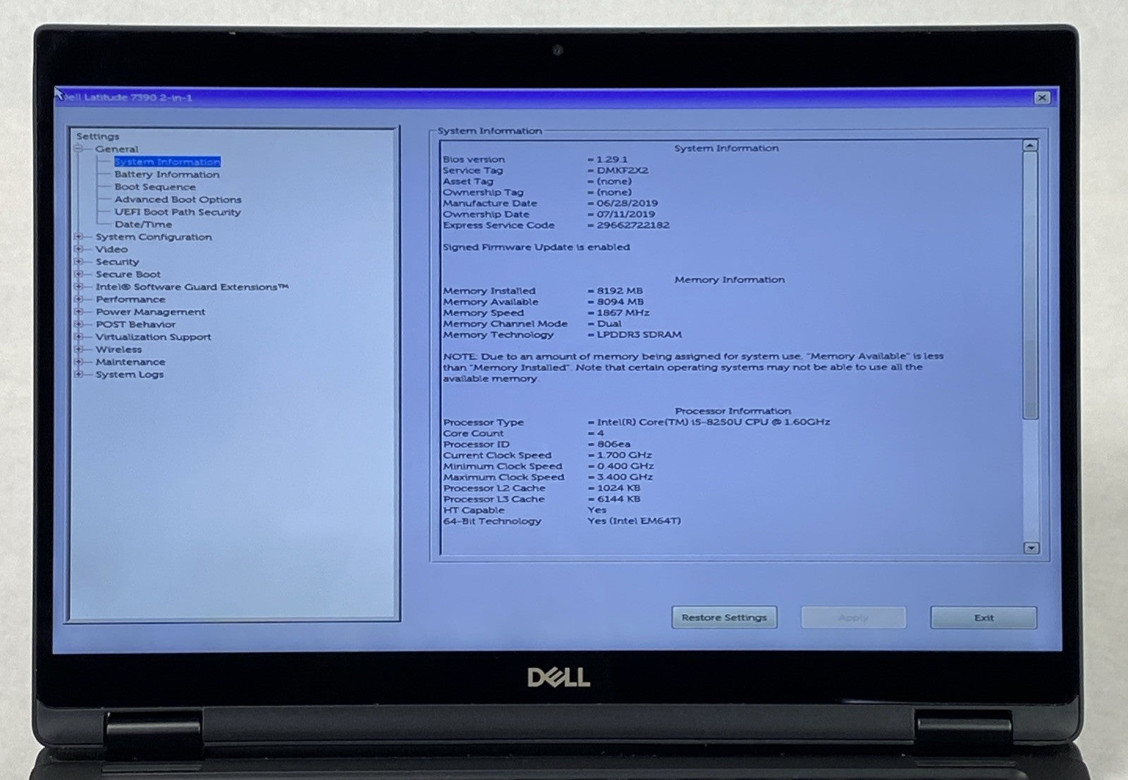Dell Latitude 7390 2 in 1  13.3" Touch i5-8250U 1.6GHz 8GB RAM No Battery/HDD/OS