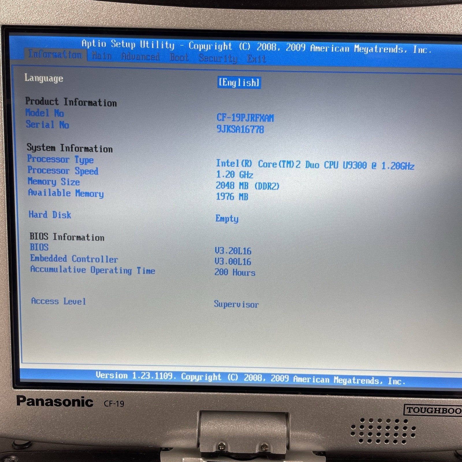 Panasonic ToughBook CF-19 10.6" Core 2 Duo U9300 1.20 GHz 2 GB RAM No SSD/OS/AC2