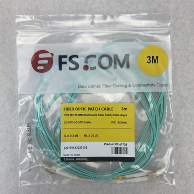 FS.Com Fibre Optic Patch Cable 10G 50/125 OM3 Multimode Color Aqua 3M - Lot Of 5